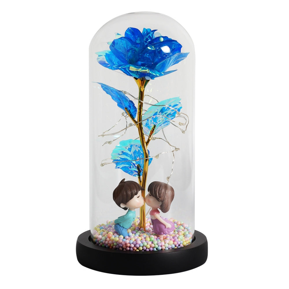 LED Glass Dome Rose Romantic Decoration with Warm Copper Wire LED Lights and Wooden Base