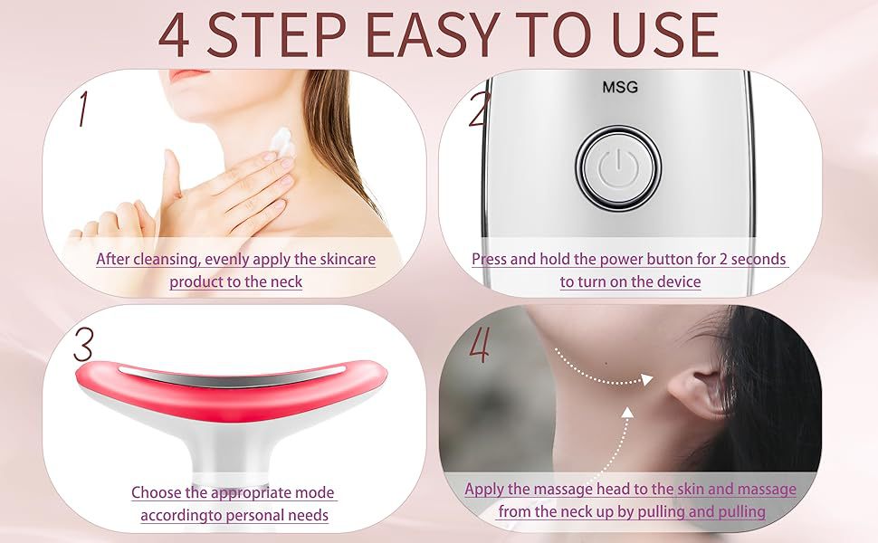 Instructions for using a skincare device with four steps on a pink background