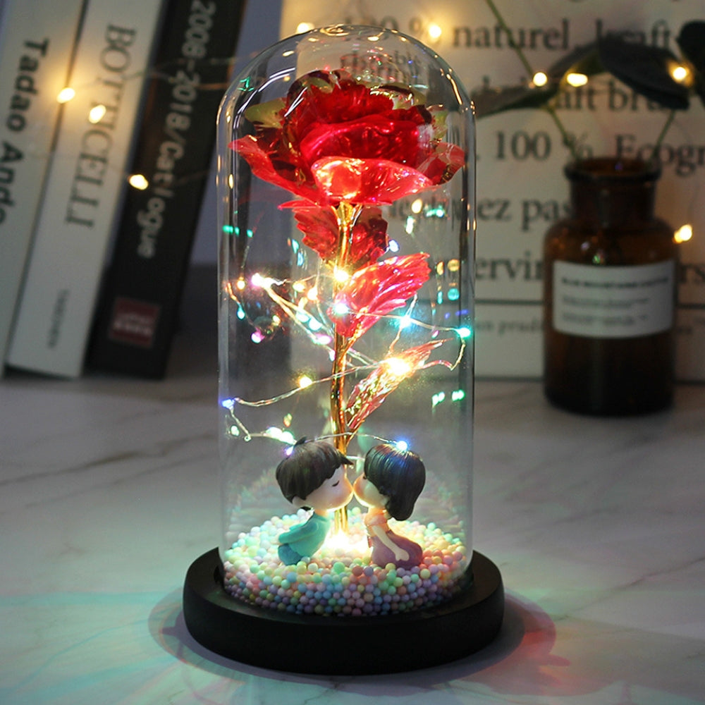 LED Glass Dome Rose Romantic Decoration with Warm Copper Wire LED Lights and Wooden Base