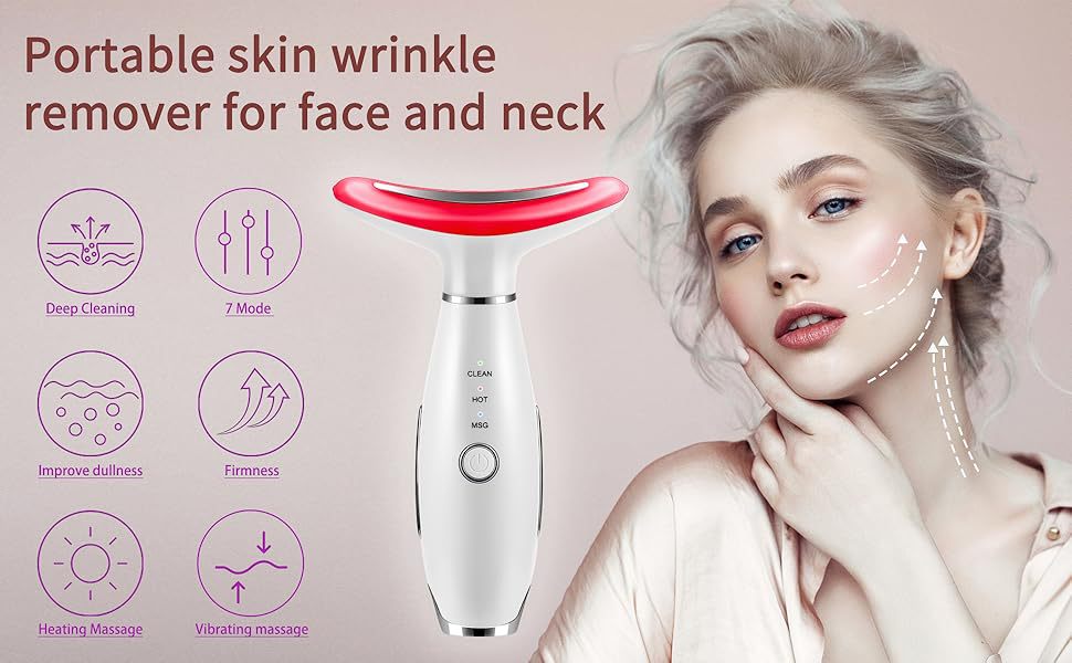 Portable skin wrinkle remover for face and neck with a woman using it on her face.