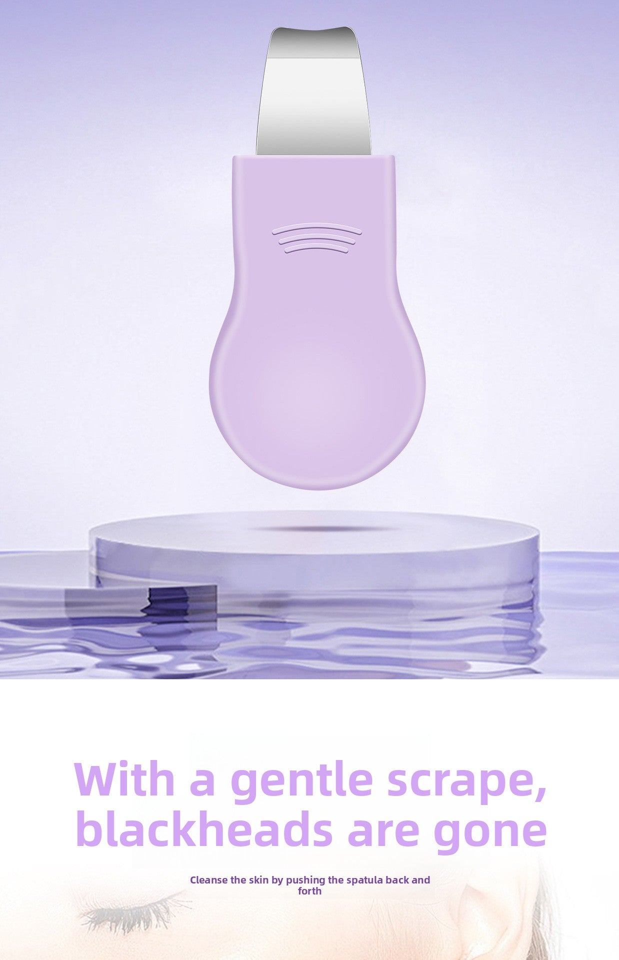 Purple skincare tool Blackhead remover on a clear stand with text about blackhead removal on a light purple background