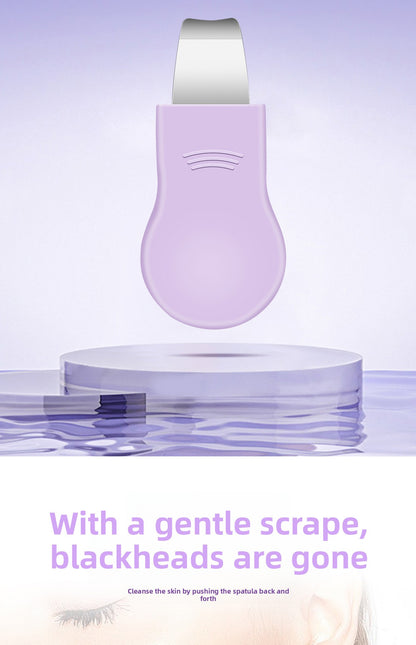 Purple skincare tool Blackhead remover on a clear stand with text about blackhead removal on a light purple background