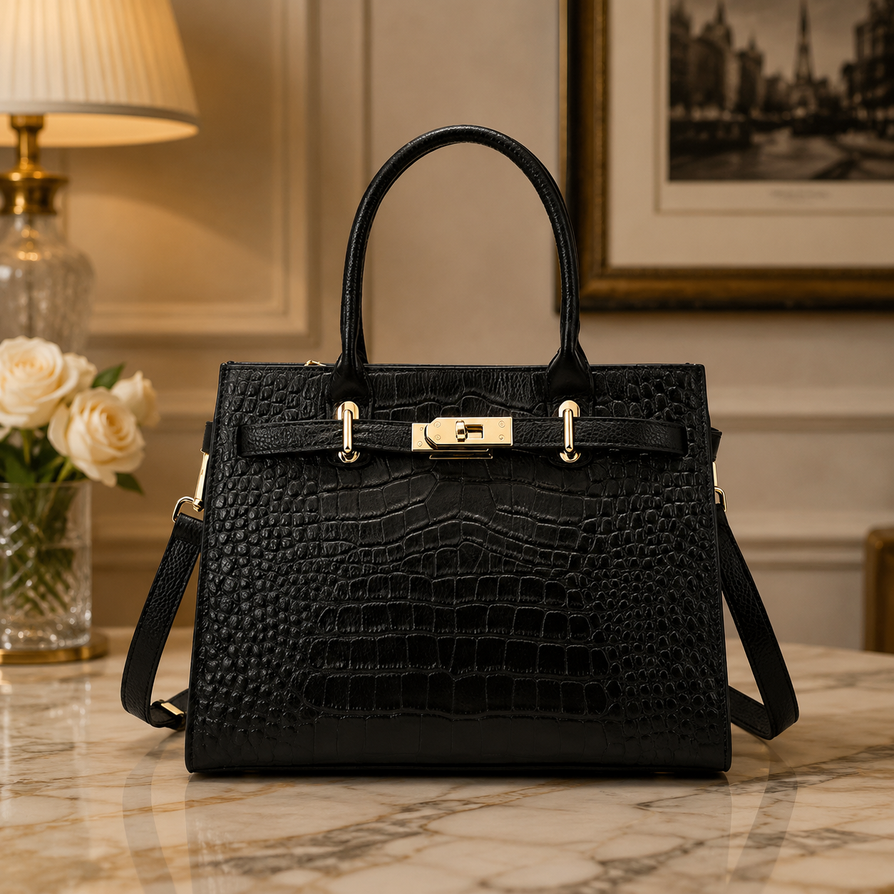 Cozy Nest Comfort Women's Crocodile-Embossed Genuine Leather Handbag